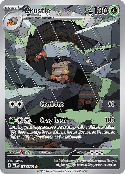 Pokémon Paradox Rift Crustle card from the Singles series, featuring detailed artwork of the Pokémon Crustle in a dynamic pose.