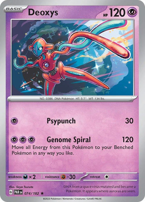 Pokémon Paradox Rift Deoxys card from the Singles series, featuring a dynamic illustration of the Pokémon in action.