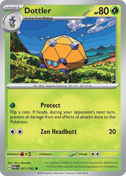 Pokémon Paradox Rift Dottler Pokémon card from the Singles collection, featuring artwork of Dottler in a vibrant setting.
