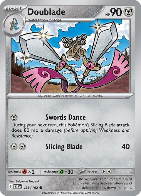 Pokémon Paradox Rift Doublade, a black and gray sword Pokémon with ghostly features, in a dynamic pose.