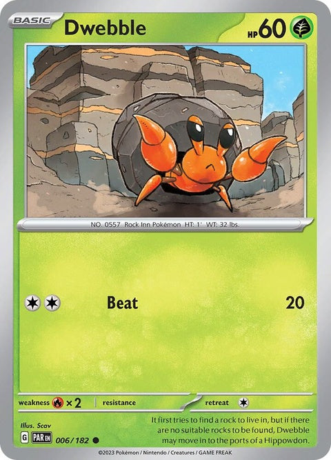 Pokémon Paradox Rift Dwebble single card, featuring artwork of the Bug/Rock type Pokémon in a dynamic pose.