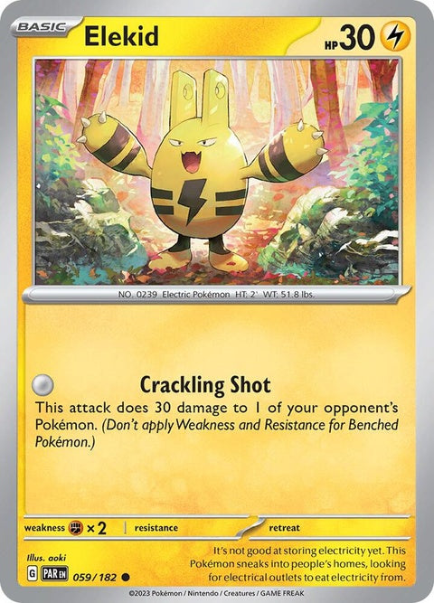 Pokémon Paradox Rift Elekid, a single Pokémon card featuring the electric-type Pokémon in vibrant artwork.