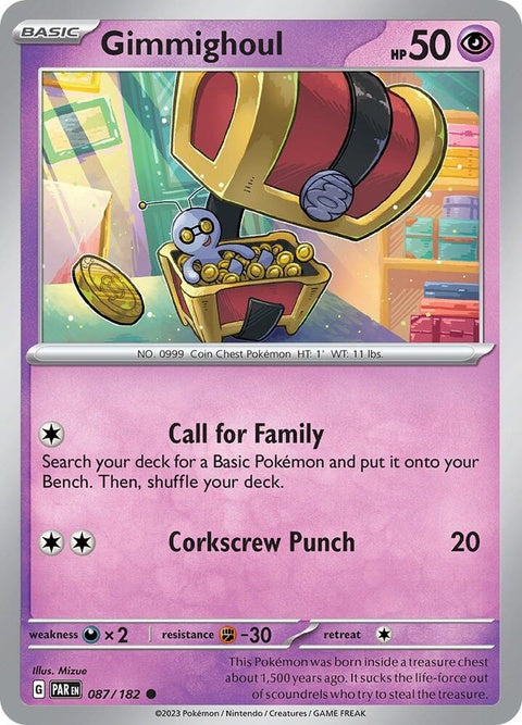 Pokémon Paradox Rift Gimmighoul trading card, singles from the Pokémon TCG set, featuring Gimmighoul in dynamic artwork.