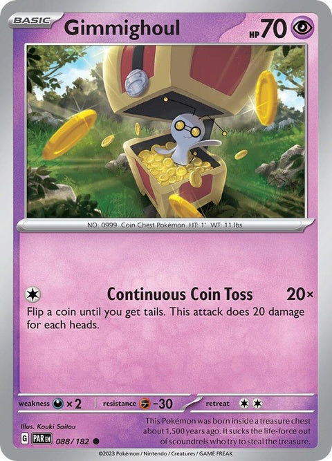 Pokémon Paradox Rift Gimmighoul single card featuring Gimmighoul in a dynamic pose with vibrant artwork.
