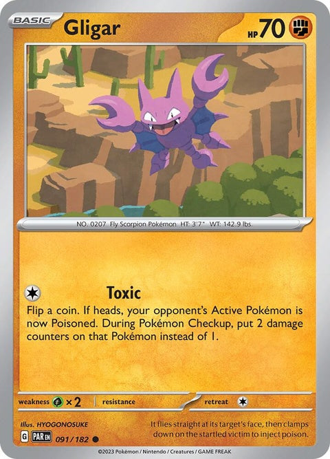 Pokémon Paradox Rift Gligar 91 card featuring a flying Ground/Flying-type Pokémon with detailed artwork and vibrant colors.