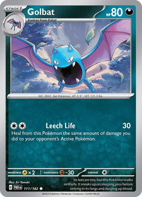 Pokémon Paradox Rift Golbat card, singles from the Pokémon brand, featuring a detailed illustration of Golbat.