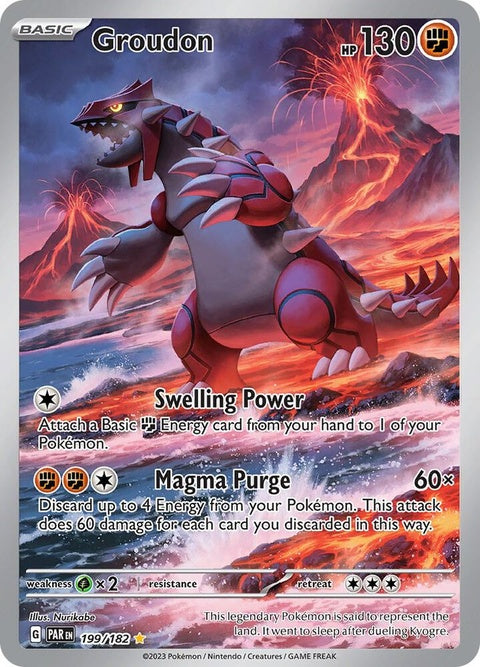 Pokémon Paradox Rift Groudon Pokémon card, featuring artwork of Groudon in a dynamic pose on a black background.