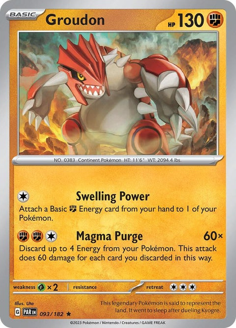 Pokémon Paradox Rift Groudon card from the Singles series, featuring detailed artwork of the original Pokémon Groudon.