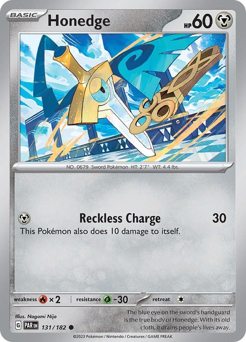 Pokémon Paradox Rift Honedge, a single Pokémon card featuring the ghostly sword Pokémon from the Paradox Rift series.