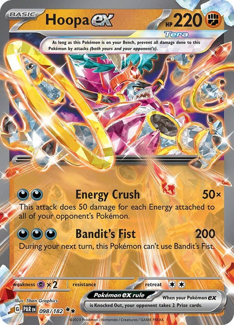 Pokémon Paradox Rift Hoopa EX single card featuring vibrant artwork and detailed design on a white background.
