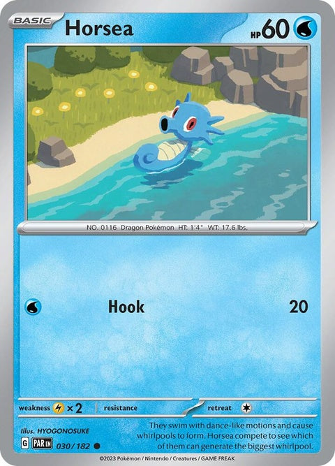 Pokémon Paradox Rift Horsea 30 trading card with vibrant artwork and detailed design, featuring the Water-type Pokémon Horsea.