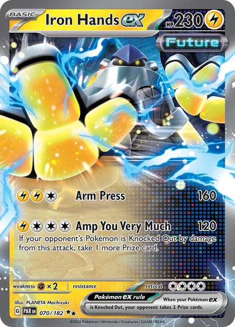 Pokémon Paradox Rift Iron Hands EX 70 card featuring a powerful Fighting-type Pokémon with detailed artwork.