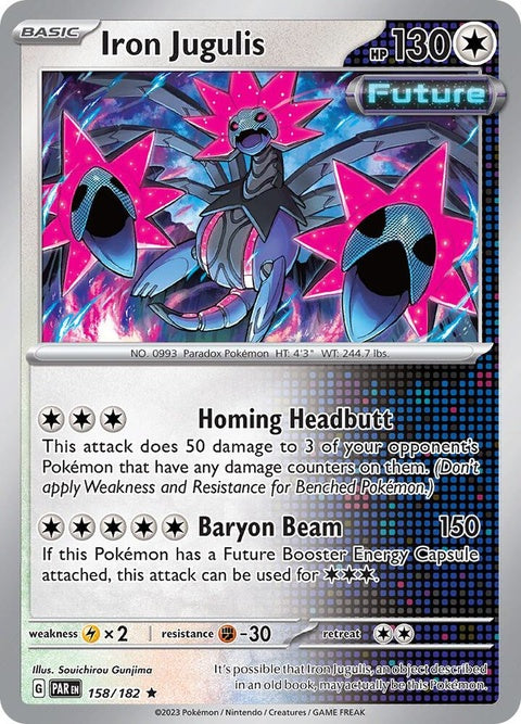 Pokémon Paradox Rift Iron Jugulis single card, detailed illustration of dark dragon-like Pokémon from the Iron Jugulis set.