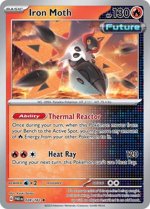 Pokémon Paradox Rift Iron Moth single card, 28, featuring a detailed illustration of the Iron Moth Pokémon.