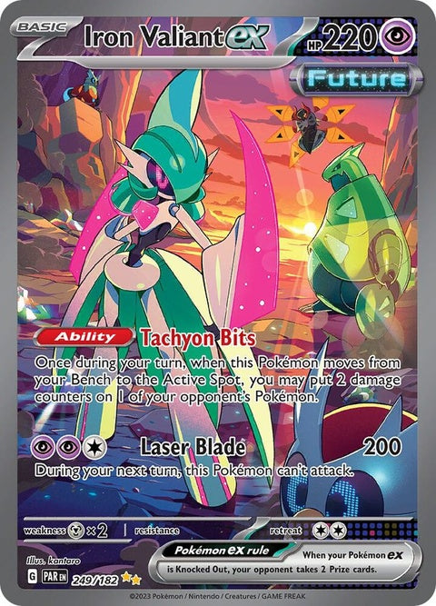 Pokémon Paradox Rift Iron Valiant EX single card featuring a futuristic Pokémon with metallic armor and dynamic pose.