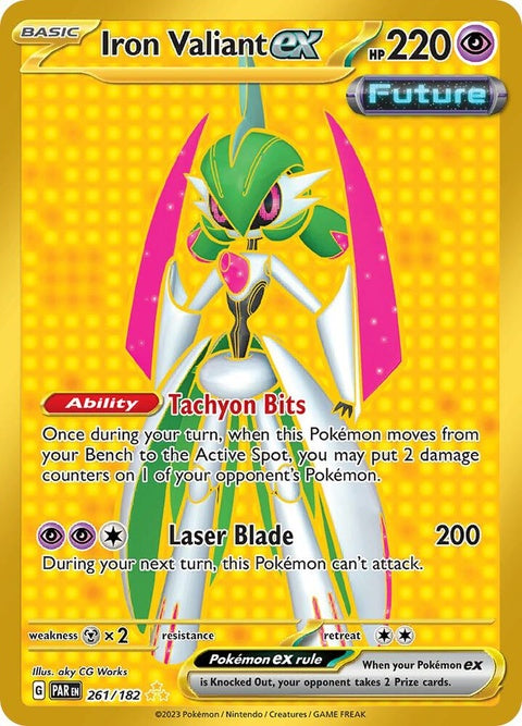 Pokémon Paradox Rift Iron Valiant EX single card, featuring detailed artwork of a robotic Pokémon with metallic armor.