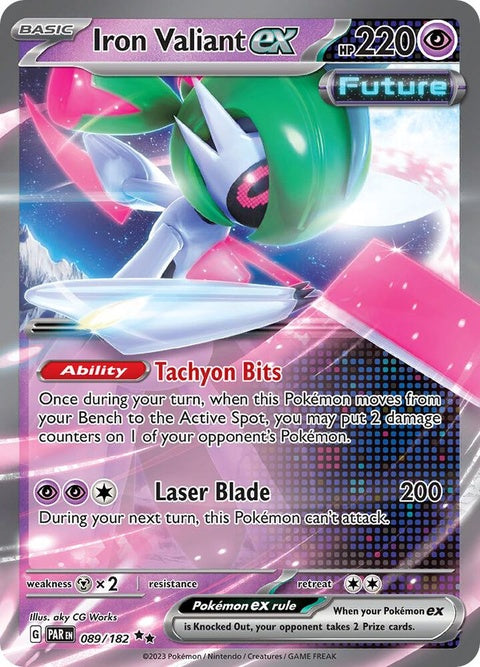 Pokémon Paradox Rift Iron Valiant EX card from the Singles collection featuring a detailed illustration of Iron Valiant.