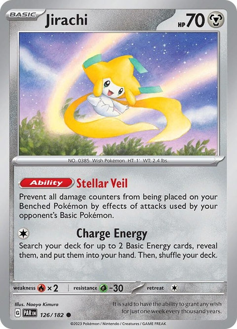 Pokémon Paradox Rift Jirachi card, a single trading card featuring the mythical Pokémon with vibrant artwork.