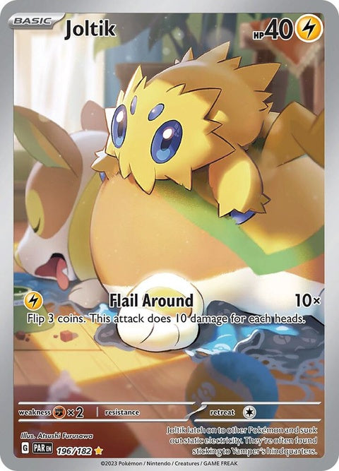 Pokémon Paradox Rift Joltik card, numbered 196, featuring a small electric bug Pokémon in a dynamic trading card design.