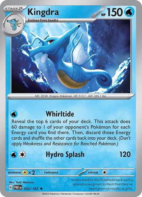 Pokémon Paradox Rift Kingdra card from the Singles series, featuring detailed artwork of the dragon Pokémon.