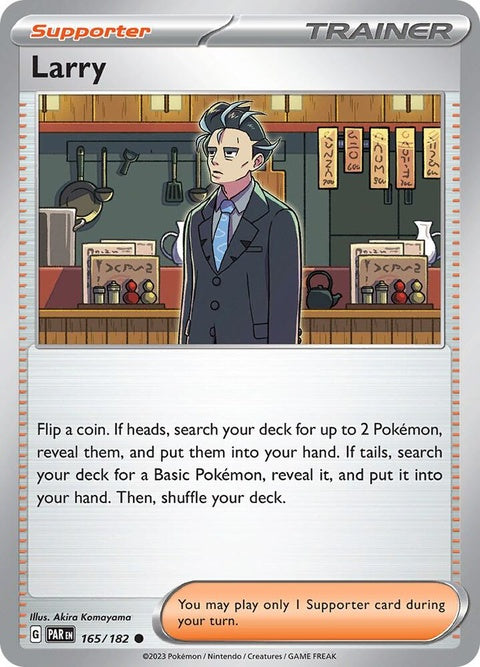Pokémon Paradox Rift Larry single card featuring artwork of Larry, 165/165, with vibrant colors and dynamic design.