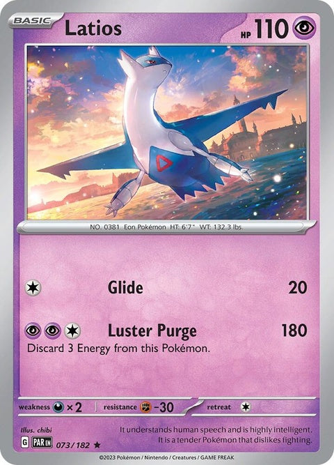 Pokémon Paradox Rift Latios trading card from the Singles series, featuring detailed artwork of the legendary Pokémon.