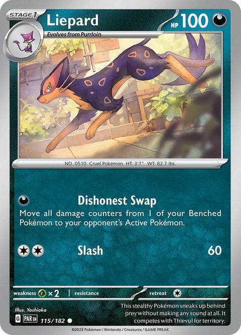 Pokémon Paradox Rift Liepard 115 card from the Singles series, featuring the sleek black and purple feline Pokémon.
