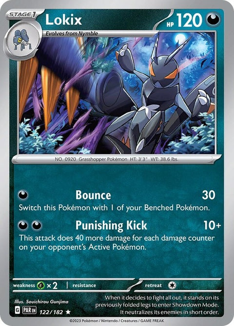 Pokémon Paradox Rift Lokix 122 collectible singles card featuring illustrated artwork on a white background.