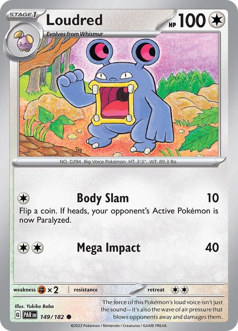Pokémon Paradox Rift Loudred single card, featuring detailed artwork of the Normal and Sound Pokémon in a dynamic pose.
