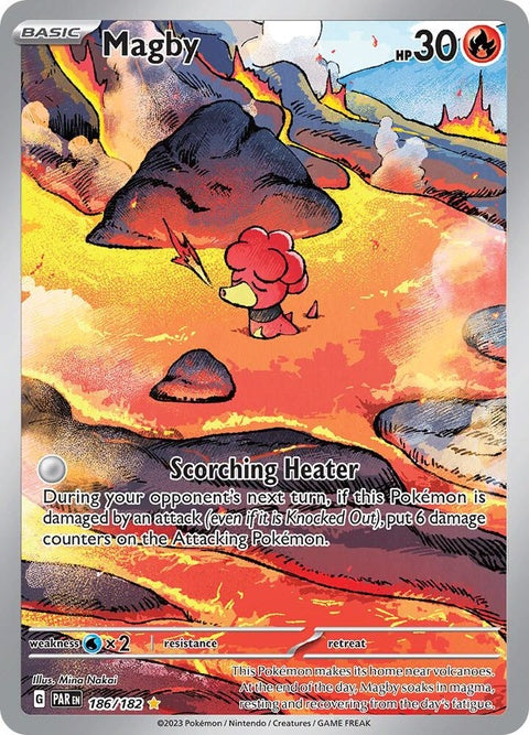 Pokémon Paradox Rift Magby 186 single card featuring artwork of a fiery Magby Pokémon from the Paradox Rift series.