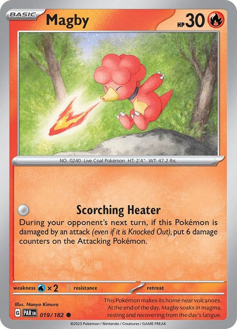 Pokémon Paradox Rift Magby single card from the Pokémon TCG, featuring vibrant artwork of a Magby creature.