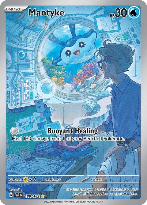 Pokémon Paradox Rift Mantyke card from the Singles series, featuring detailed artwork of the aquatic Pokémon.