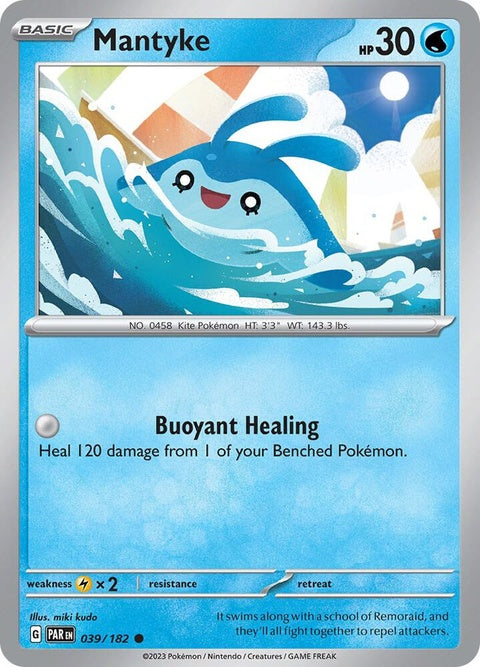 Pokémon Paradox Rift Mantyke card from the Singles set, featuring detailed artwork of a Mantyke Pokémon.