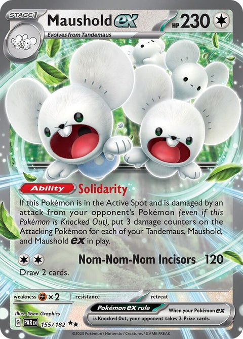 Pokémon Paradox Rift Maushold EX card, singles, featuring artwork of a Maushold Pokémon in a dynamic pose.