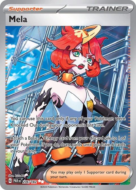 Pokémon Paradox Rift Mela singles card featuring vibrant artwork of a fantastical creature on a dark background.