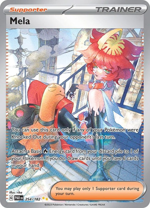 Pokémon Paradox Rift Mela 254 singles card featuring vibrant artwork and detailed design on a black background.