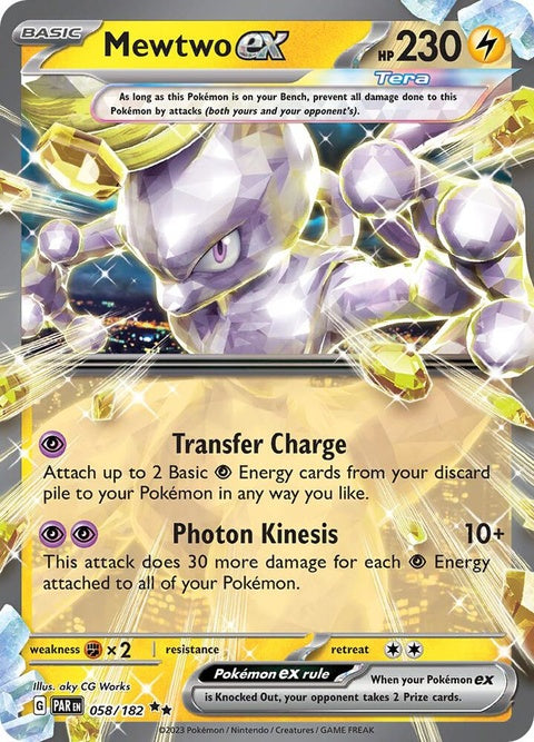 Pokémon Paradox Rift Mewtwo EX card, featuring detailed artwork of the Psychic-type Pokémon in a dynamic pose.