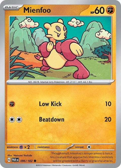 Pokémon Paradox Rift Mienfoo, a single Pokémon card, featuring artwork of Mienfoo from the Paradox Rift series.