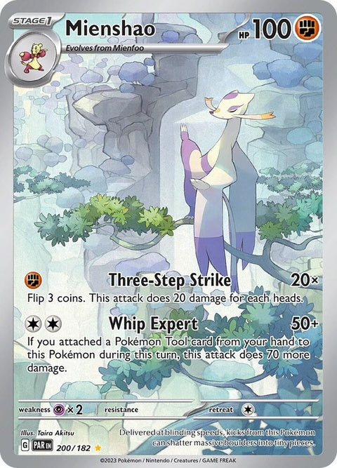 Pokémon Paradox Rift Mienshao 200 card from the Singles series, featuring detailed artwork of the Fighting-type Pokémon.