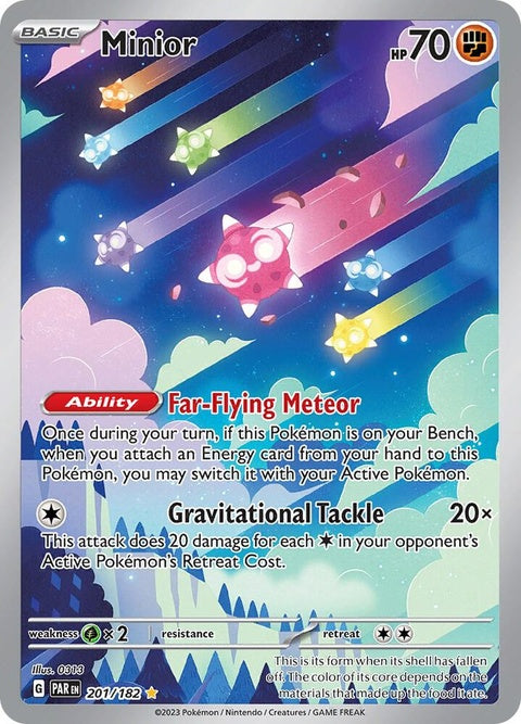 Pokémon Paradox Rift Minior 201 single card featuring vibrant artwork of a colorful Minior creature.