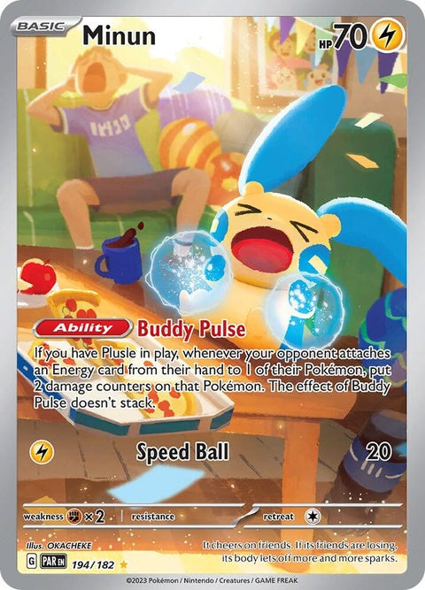 Pokémon Paradox Rift Minun card, a single from the Pokémon trading card game, featuring Minun in vibrant artwork.