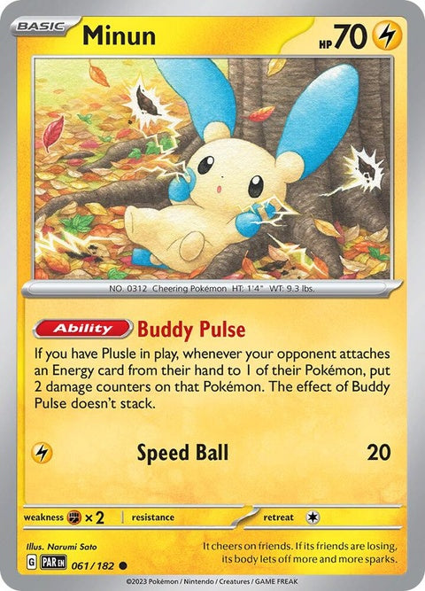 Pokémon Paradox Rift Minun single card featuring Minun from the Pokémon trading card game.