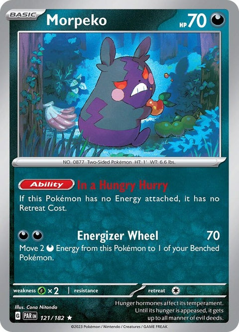 Pokémon Paradox Rift Morpeko single card featuring artwork of Morpeko from the Pokémon TCG.