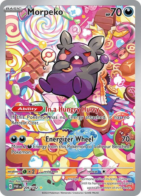 Pokémon Paradox Rift Morpeko singles trading card, detailed artwork showcasing the Electric and Dark type Pokémon.