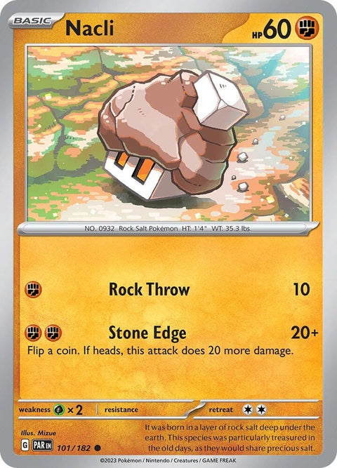 Pokémon Paradox Rift Nacli single card featuring artwork of a small gray rock-type Pokémon with sharp crystals on its back.