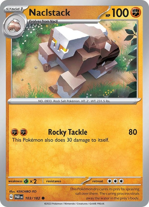 Pokémon Paradox Rift Naclstack card, single from the Pokémon TCG, featuring detailed artwork of the Naclstack Pokémon.