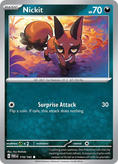 Pokémon Paradox Rift Nickit single card, detailed illustration featuring a fox-like Pokémon with sleek fur and alert eyes.