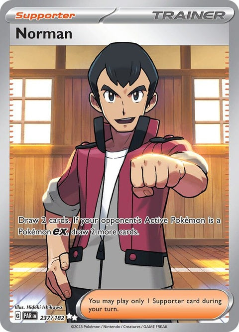 Pokémon Paradox Rift Norman single card featuring Norman character from the Pokémon TCG set, with vibrant artwork and card details.