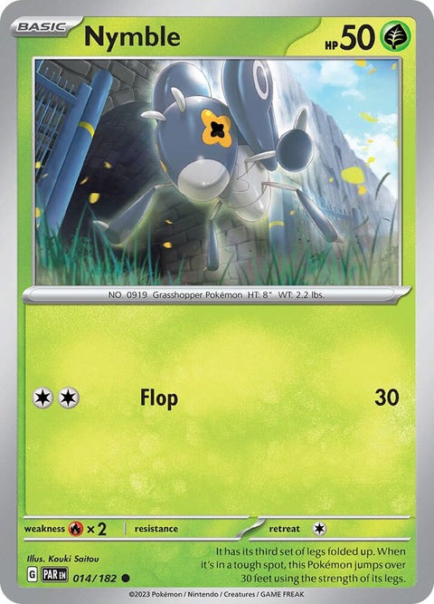 Pokémon Paradox Rift Nymble single card featuring artwork of a small, insect-like Pokémon with detailed blue and black coloring.