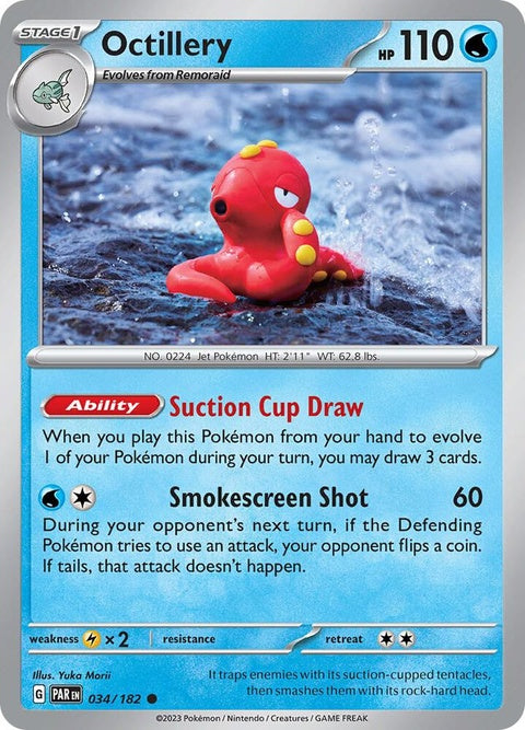 Image of Paradox Rift Octillery Pokémon card from the Singles series, featuring detailed artwork of the water-type Pokémon.